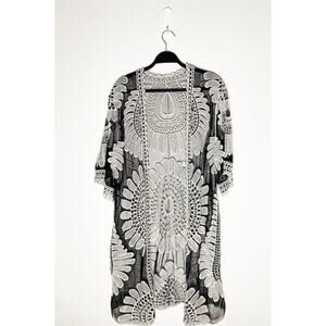 Women's Black Boho Lace Kimono Duster White Embroidered Floral Open Front Sheer